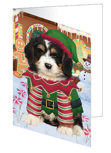 Christmas Gingerbread House Candyfest Bernedoodle Dog Handmade Artwork Assorted Pets Greeting Cards and Note Cards with Envelopes for All Occasions and Holiday Seasons GCD73049