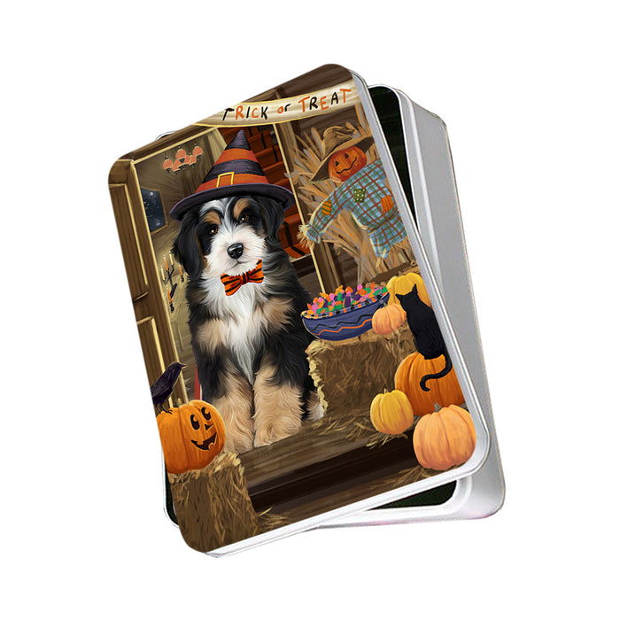 Enter at Own Risk Trick or Treat Halloween Bernedoodle Dog Photo Storage Tin PITN52998