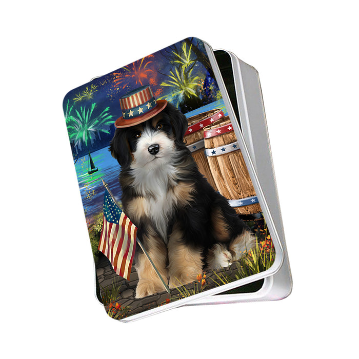 4th of July Independence Day Fireworks Bernedoodle Dog at the Lake Photo Storage Tin PITN51092