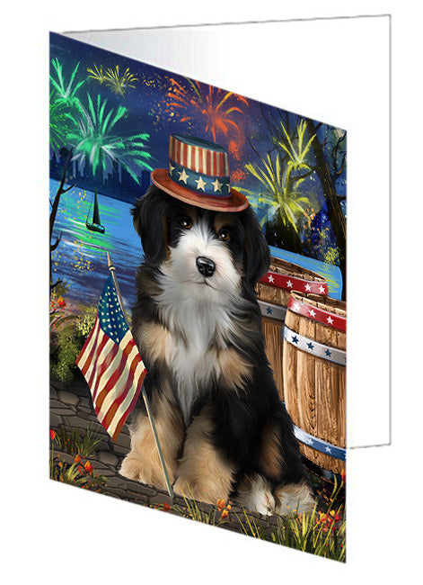 4th of July Independence Day Fireworks Bernedoodle Dog at the Lake Handmade Artwork Assorted Pets Greeting Cards and Note Cards with Envelopes for All Occasions and Holiday Seasons GCD57305