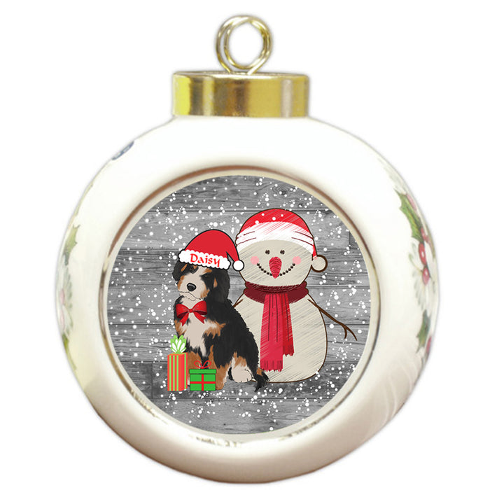 Custom Personalized Snowy Snowman and Bernedoodle Dog Christmas Round Ball Ornament