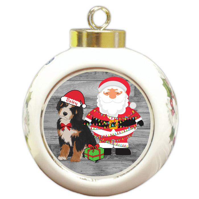 Custom Personalized Bernedoodle Dog With Santa Wrapped in Light Christmas Round Ball Ornament