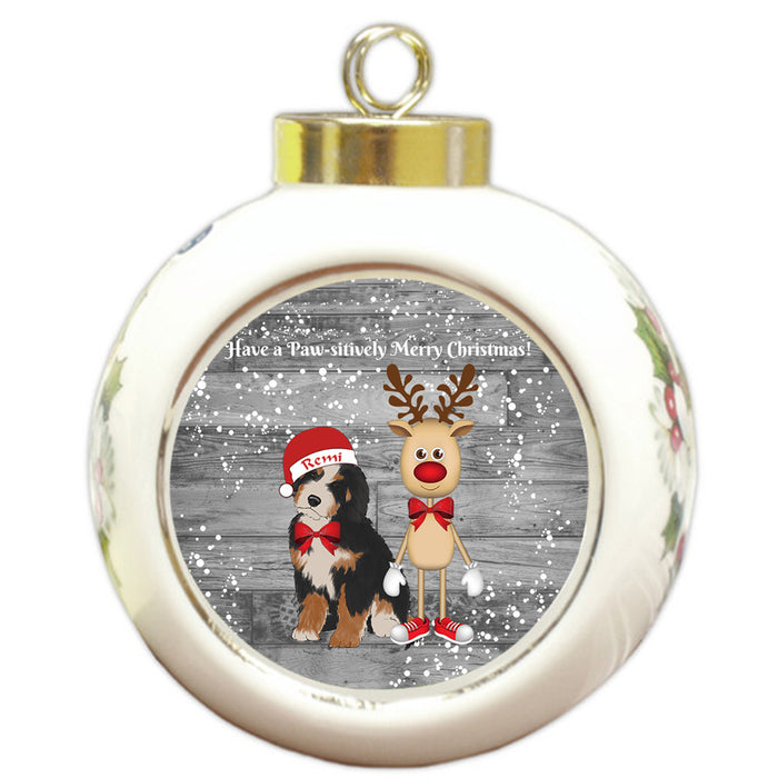 Custom Personalized Bernedoodle Dog Reindeer and Pooch Christmas Round Ball Ornament