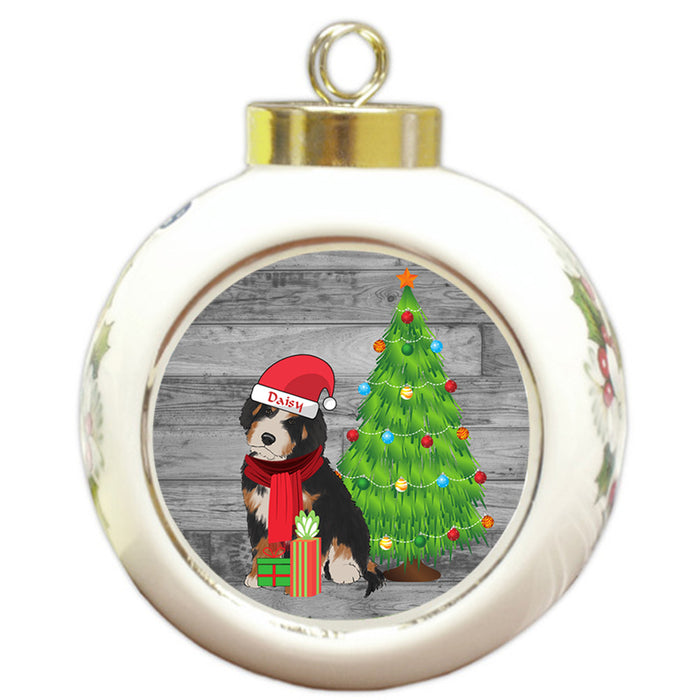 Custom Personalized Bernedoodle Dog With Tree and Presents Christmas Round Ball Ornament