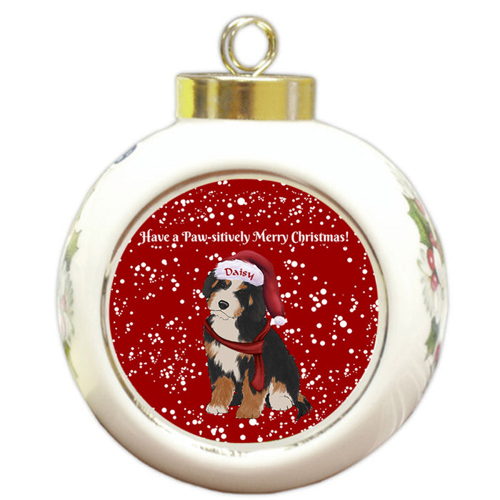 Custom Personalized Pawsitively Bernedoodle Dog Merry Christmas Round Ball Ornament