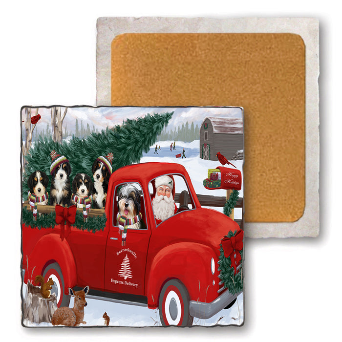 Christmas Santa Express Delivery Bernedoodles Dog Family Set of 4 Natural Stone Marble Tile Coasters MCST50010