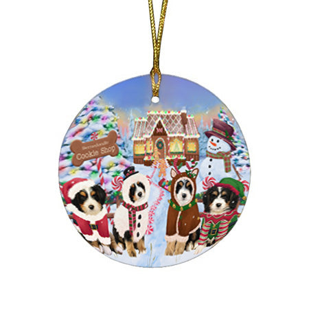 Holiday Gingerbread Cookie Shop Bernedoodles Dog Round Flat Christmas Ornament RFPOR56461