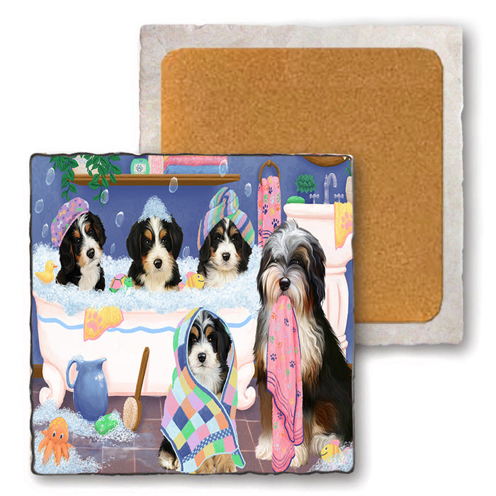 Rub A Dub Dogs In A Tub Bernedoodles Dog Set of 4 Natural Stone Marble Tile Coasters MCST51763