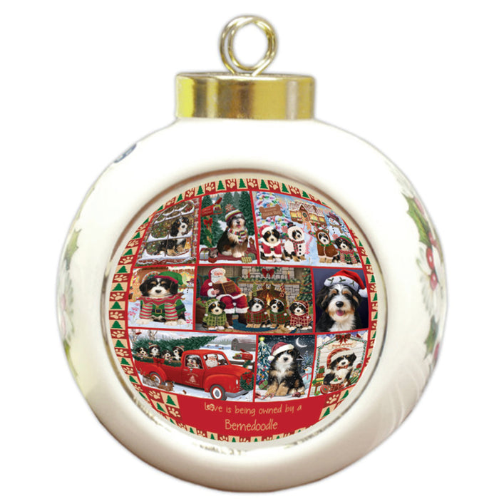 Love is Being Owned Christmas Bernedoodle Dogs Round Ball Christmas Ornament RBPOR58356