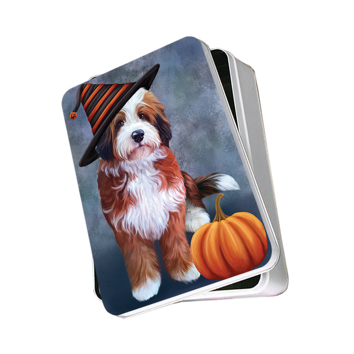Happy Halloween Bernedoodle Dog Wearing Witch Hat with Pumpkin Photo Storage Tin PITN54807