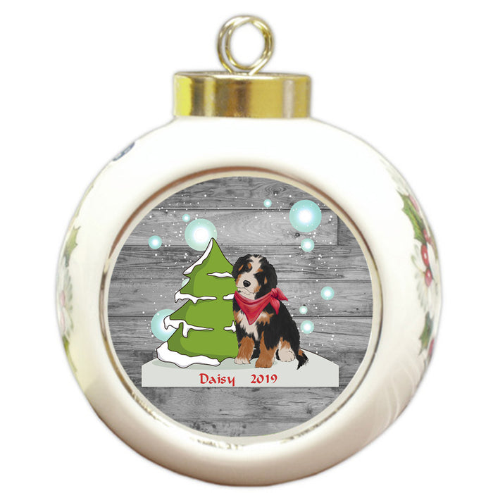 Custom Personalized Winter Scenic Tree and Presents Bernedoodle Dog Christmas Round Ball Ornament