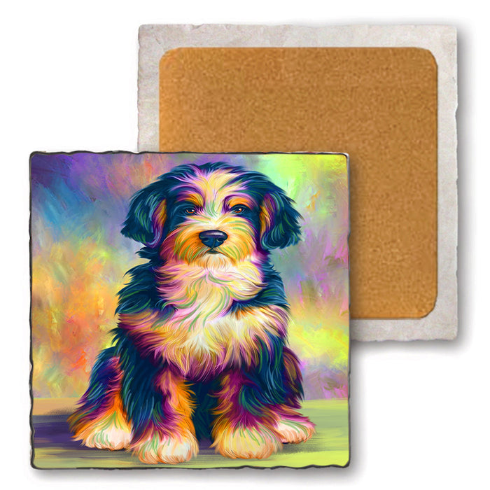 Paradise Wave Bernedoodle Dog Set of 4 Natural Stone Marble Tile Coasters MCST51056