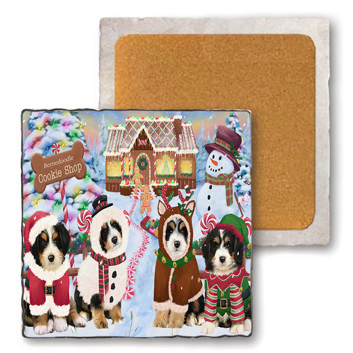 Holiday Gingerbread Cookie Shop Bernedoodles Dog Set of 4 Natural Stone Marble Tile Coasters MCST51105