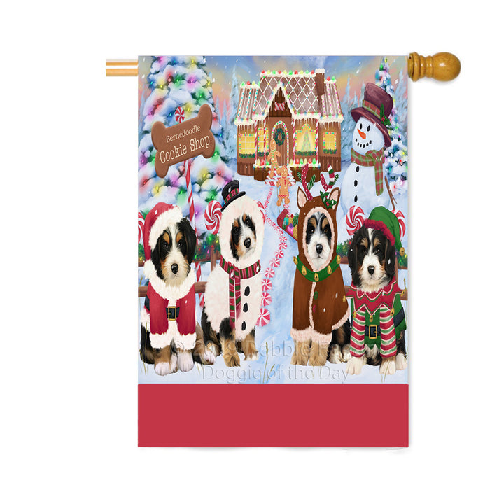 Personalized Holiday Gingerbread Cookie Shop Bernedoodle Dogs Custom House Flag FLG-DOTD-A59235