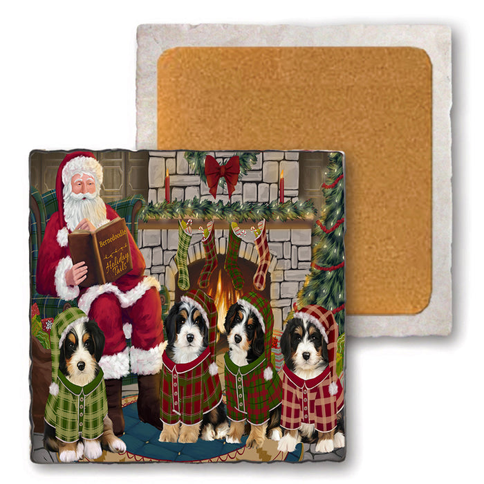 Christmas Cozy Holiday Tails Bernedoodles Dog Set of 4 Natural Stone Marble Tile Coasters MCST50099