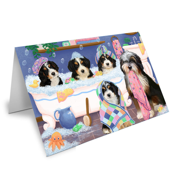 Rub A Dub Dogs In A Tub Bernedoodles Dog Handmade Artwork Assorted Pets Greeting Cards and Note Cards with Envelopes for All Occasions and Holiday Seasons GCD74804