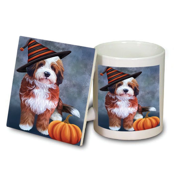 Happy Halloween Bernedoodle Dog Wearing Witch Hat with Pumpkin Mug and Coaster Set MUC54856