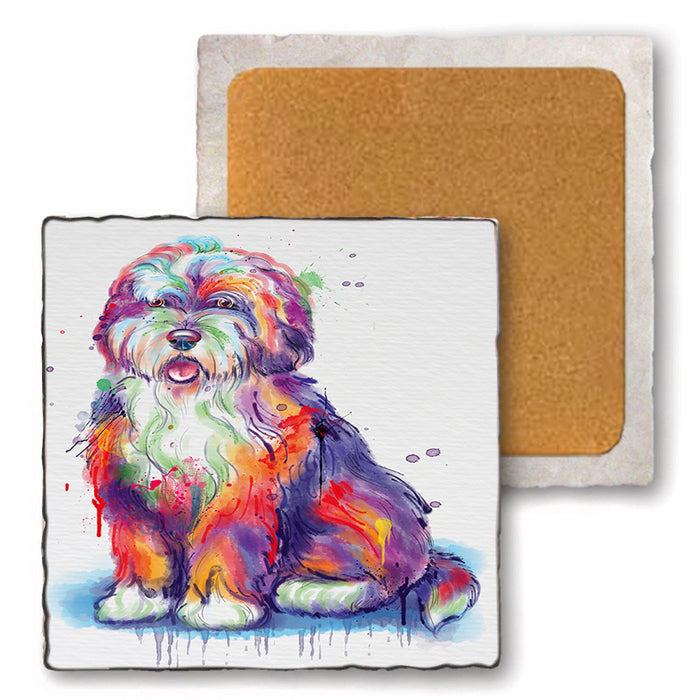 Watercolor Bernedoodle Dog Set of 4 Natural Stone Marble Tile Coasters MCST52074