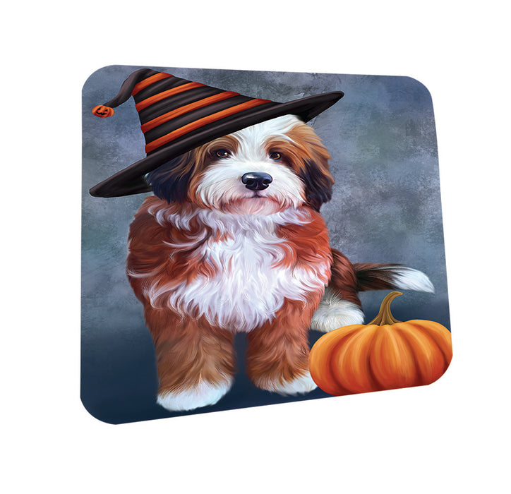 Happy Halloween Bernedoodle Dog Wearing Witch Hat with Pumpkin Coasters Set of 4 CST54822