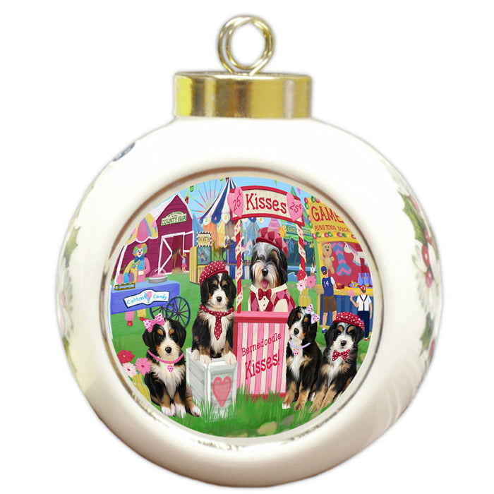 Carnival Kissing Booth Bernedoodles Dog Round Ball Christmas Ornament RBPOR56139
