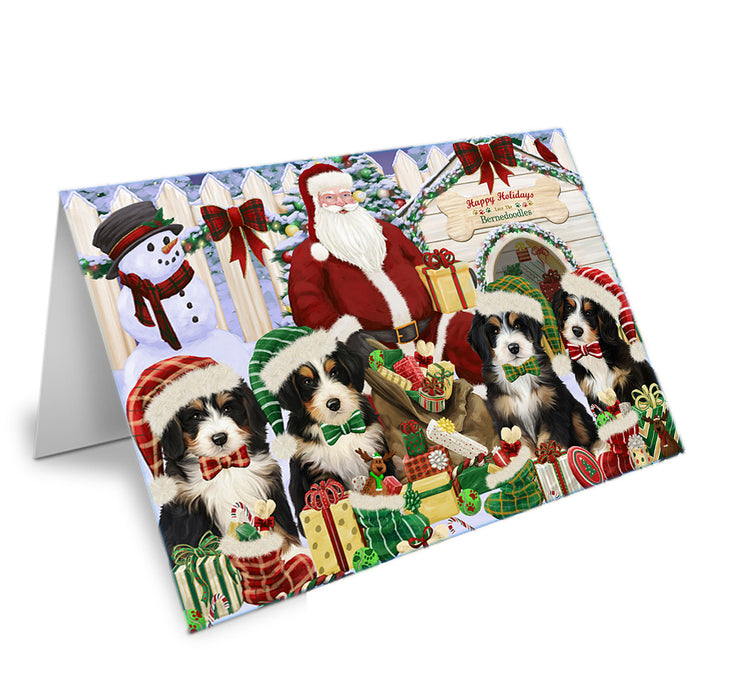 Happy Holidays Christmas Bernedoodles Dog House Gathering Handmade Artwork Assorted Pets Greeting Cards and Note Cards with Envelopes for All Occasions and Holiday Seasons GCD57866