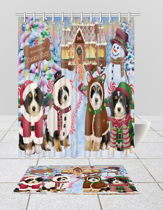 Holiday Gingerbread Cookie Bernedoodle Dogs  Bath Mat and Shower Curtain Combo