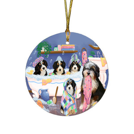 Rub A Dub Dogs In A Tub Bernedoodles Dog Round Flat Christmas Ornament RFPOR57119