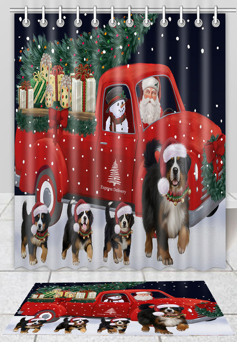 Christmas Express Delivery Red Truck Running Bernese Mountain Dogs Bath Mat and Shower Curtain Combo