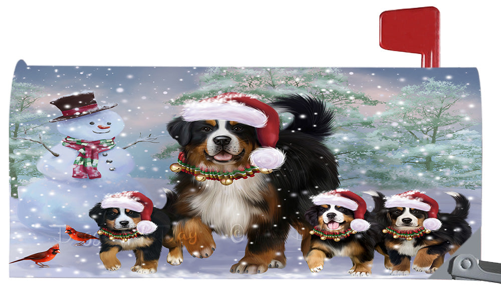 Christmas Running Family Bernese Mountain Dogs Magnetic Mailbox Cover Both Sides Pet Theme Printed Decorative Letter Box Wrap Case Postbox Thick Magnetic Vinyl Material
