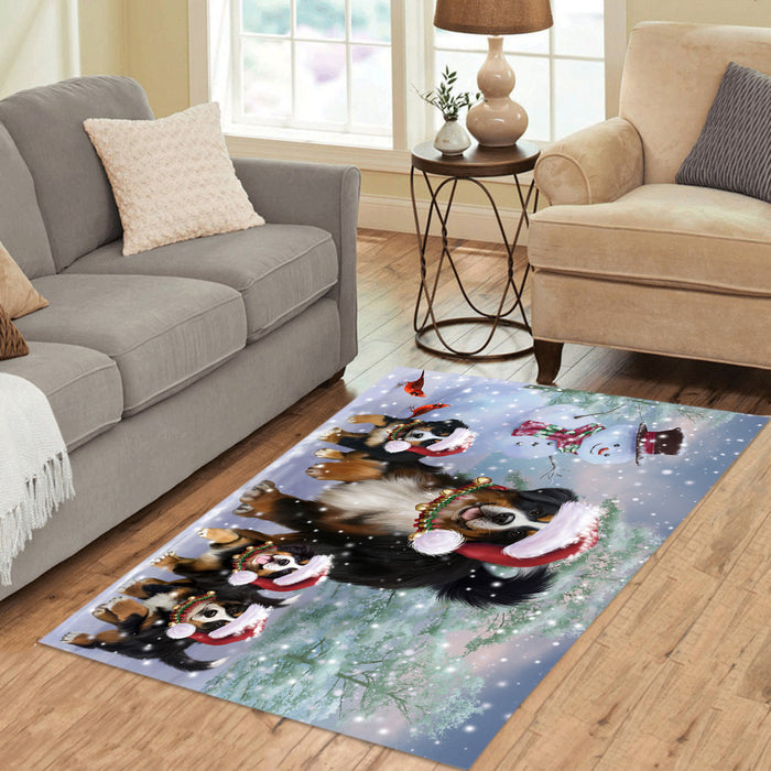 Christmas Running Fammily Bernese Mountain Dogs Area Rug