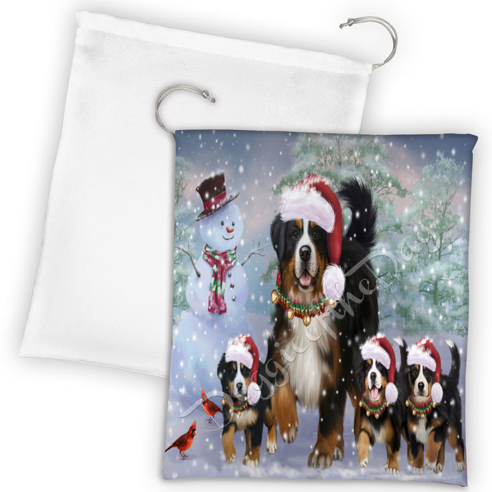 Christmas Running Fammily Bernese Mountain Dogs Drawstring Laundry or Gift Bag LGB48203