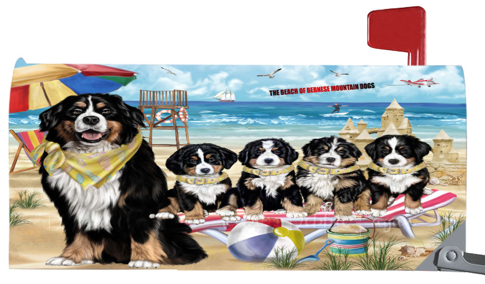 Pet Friendly Beach Bernese Mountain Dogs Magnetic Mailbox Cover Both Sides Pet Theme Printed Decorative Letter Box Wrap Case Postbox Thick Magnetic Vinyl Material