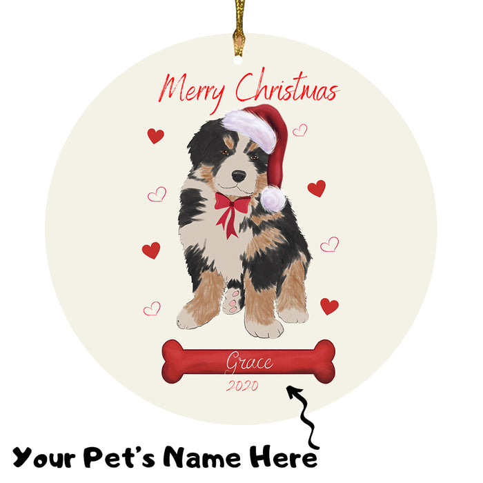 Personalized Merry Christmas  Bernese Mountain Dog Christmas Tree Round Flat Ornament RBPOR58916