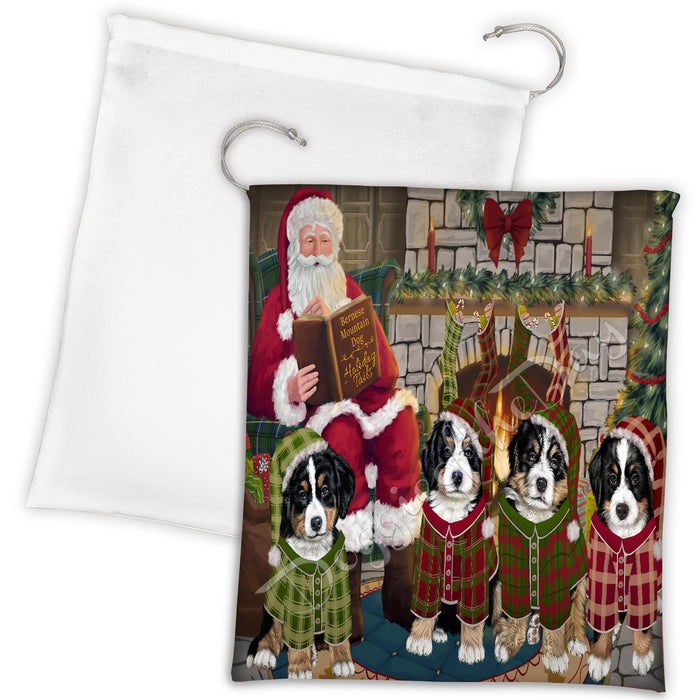 Christmas Cozy Holiday Fire Tails Bernese Mountain Dogs Drawstring Laundry or Gift Bag LGB48474