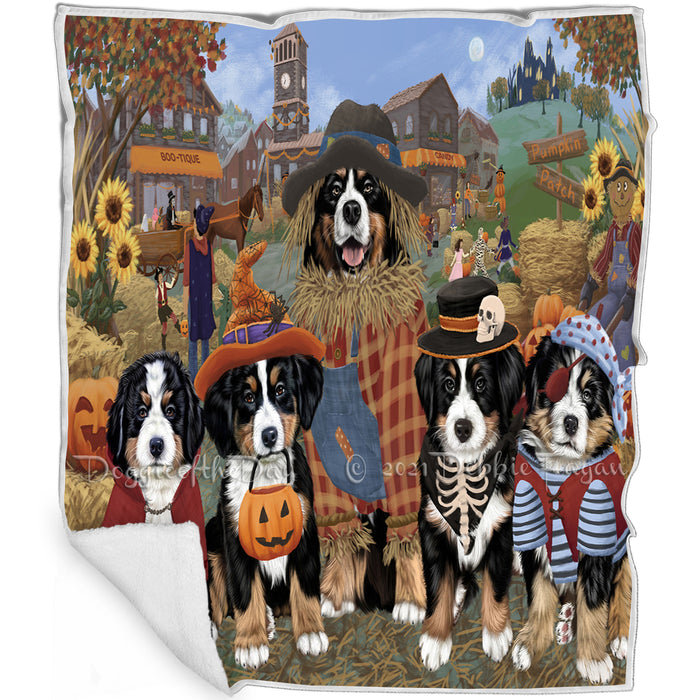 Halloween 'Round Town And Fall Pumpkin Scarecrow Both Bernese Mountain Dogs Blanket BLNKT138710