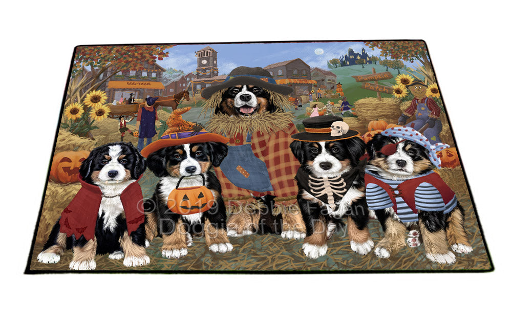 Halloween 'Round Town And Fall Pumpkin Scarecrow Both Bernese Mountain Dogs Floormat FLMS53861
