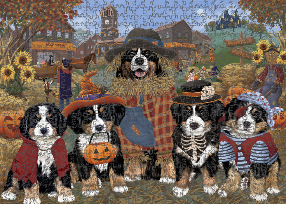 Halloween 'Round Town And Fall Pumpkin Scarecrow Both Bernese Mountain Dogs Puzzle with Photo Tin PUZL96196