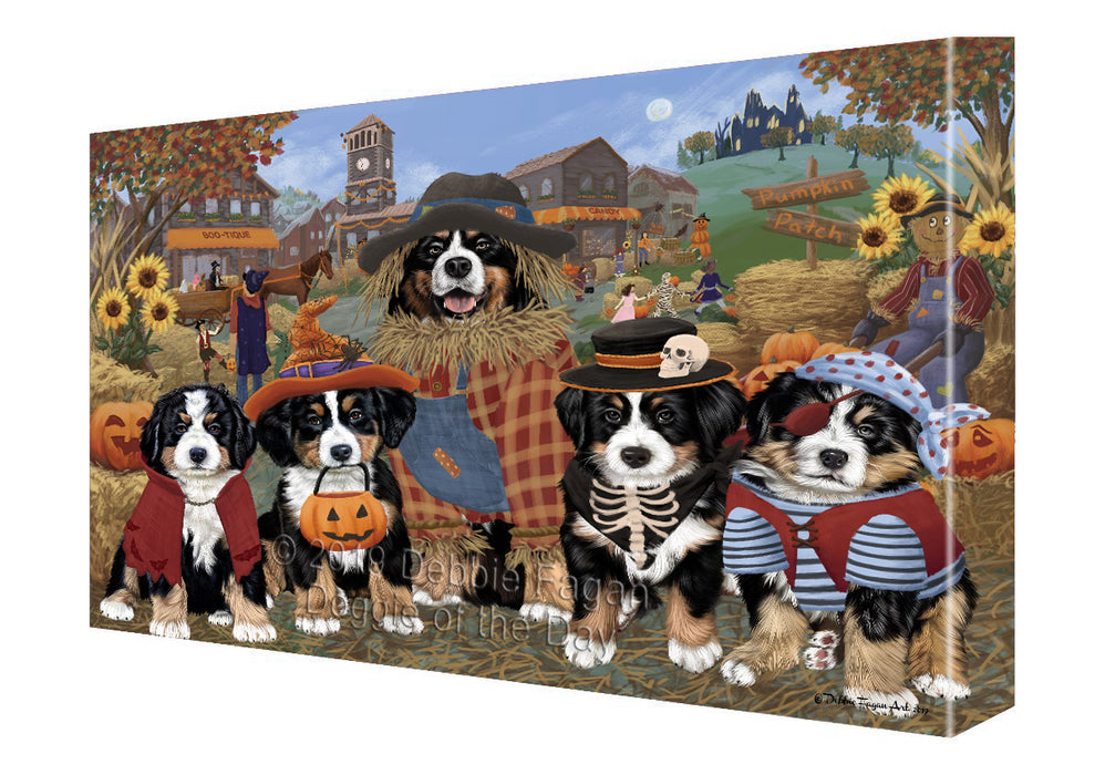 Halloween 'Round Town And Fall Pumpkin Scarecrow Both Bernese Mountain Dogs Canvas Print Wall Art Décor CVS139337