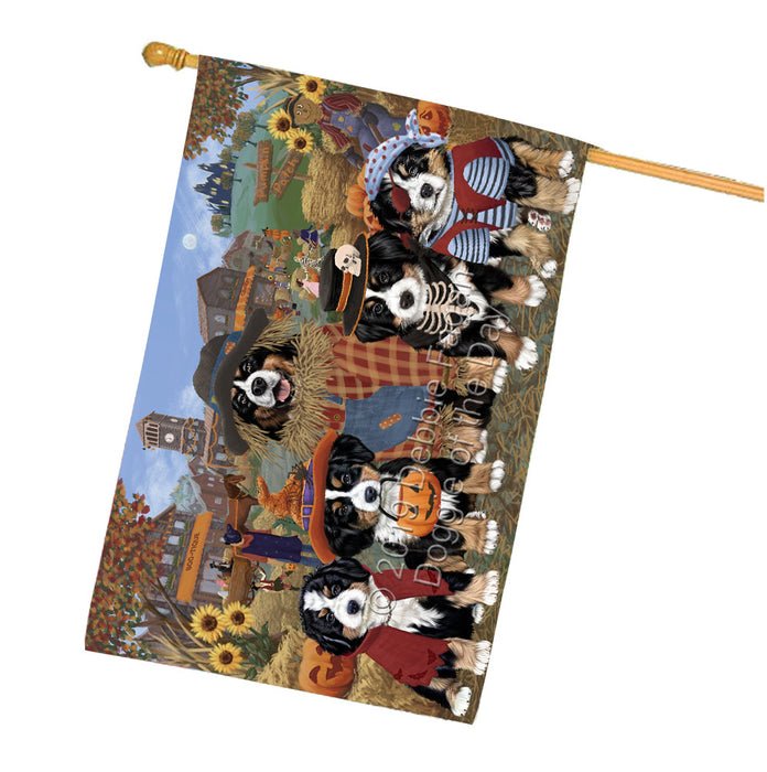 Halloween 'Round Town And Fall Pumpkin Scarecrow Both Bernese Mountain Dogs House Flag FLG65628