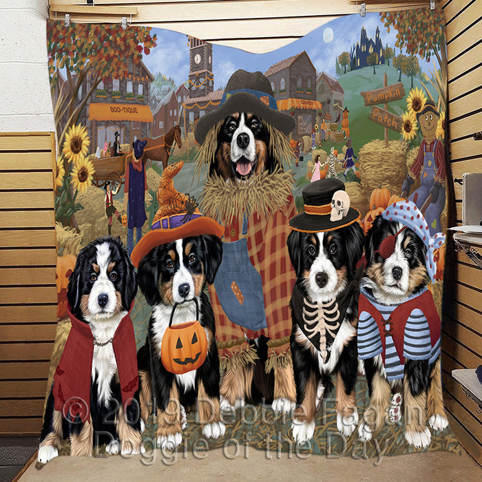 Halloween 'Round Town and Fall Pumpkin Scarecrow Both Bernese Mountain Dogs Quilt