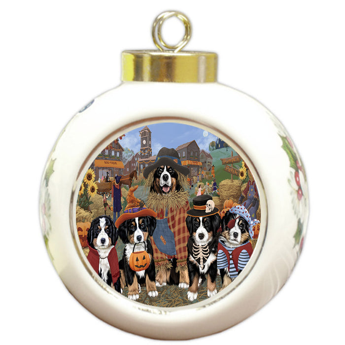 Halloween 'Round Town And Fall Pumpkin Scarecrow Both Bernese Mountain Dogs Round Ball Christmas Ornament RBPOR57376
