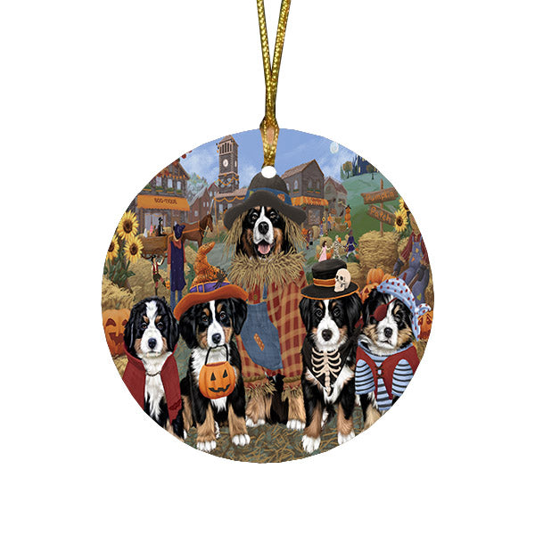 Halloween 'Round Town And Fall Pumpkin Scarecrow Both Bernese Mountain Dogs Round Flat Christmas Ornament RFPOR57376