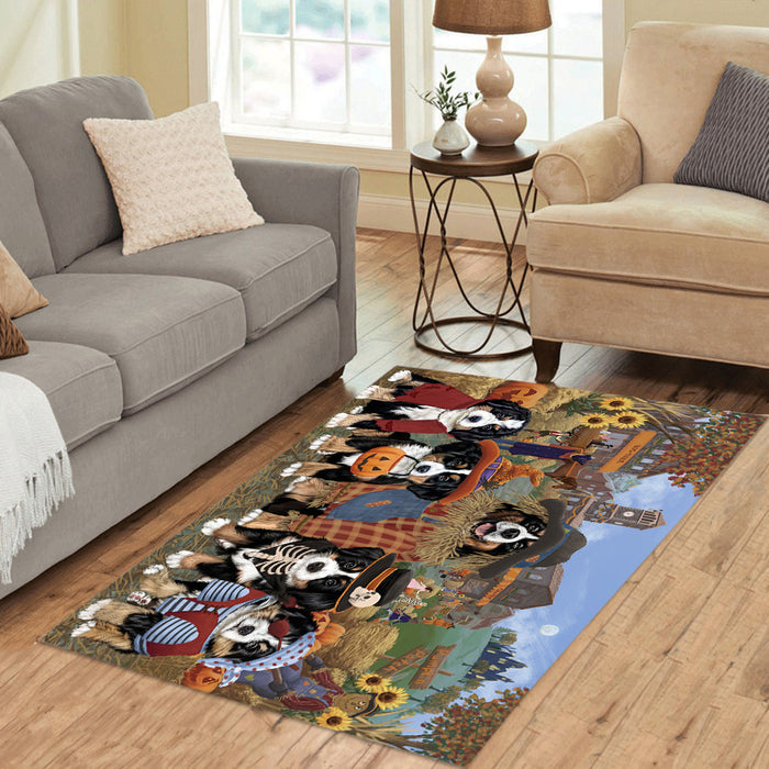 Halloween 'Round Town and Fall Pumpkin Scarecrow Both Bernese Mountain Dogs Area Rug