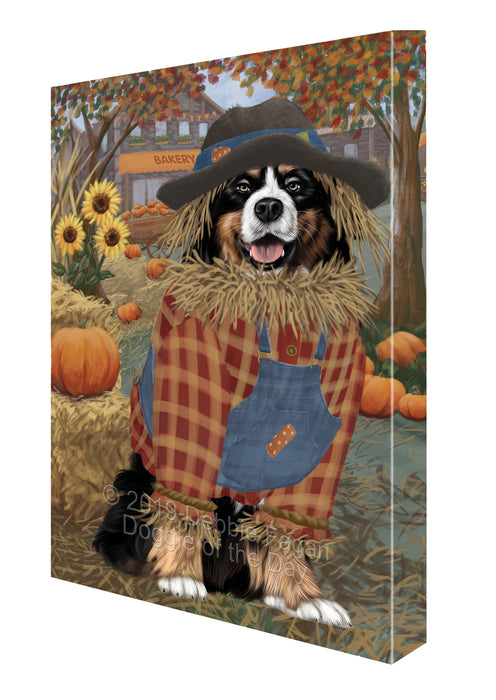 Halloween 'Round Town And Fall Pumpkin Scarecrow Both Bernese Mountain Dogs Canvas Print Wall Art Décor CVS139886