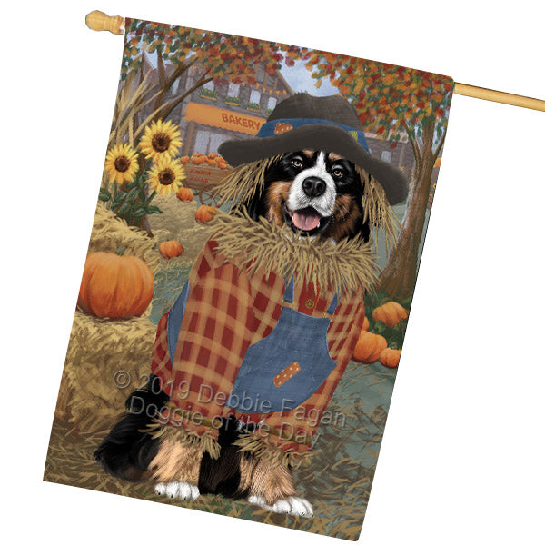 Halloween 'Round Town And Fall Pumpkin Scarecrow Both Bernese Mountain Dogs House Flag FLG65689