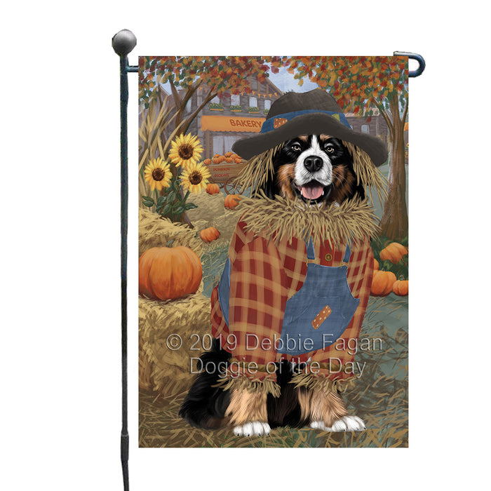 Halloween 'Round Town And Fall Pumpkin Scarecrow Both Bernese Mountain Dogs Garden Flag GFLG65633