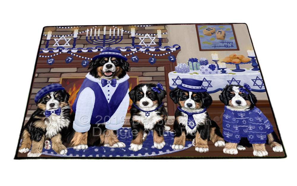Happy Hanukkah Family and Happy Hanukkah Both Bernese Mountain Dogs Floormat FLMS54044