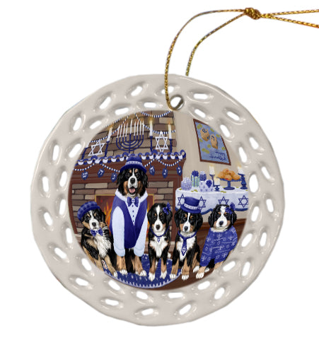 Happy Hanukkah Family Bernese Mountain Dogs Doily Ornament DPOR57952