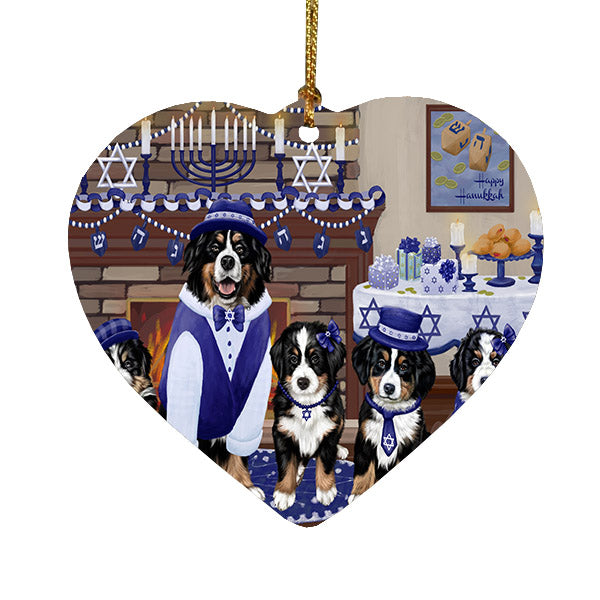 Happy Hanukkah Family Bernese Mountain Dogs Heart Christmas Ornament HPOR57594