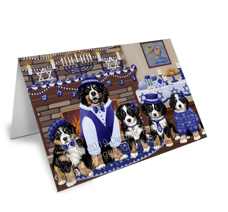 Happy Hanukkah Family Bernese Mountain Dogs Handmade Artwork Assorted Pets Greeting Cards and Note Cards with Envelopes for All Occasions and Holiday Seasons GCD78128